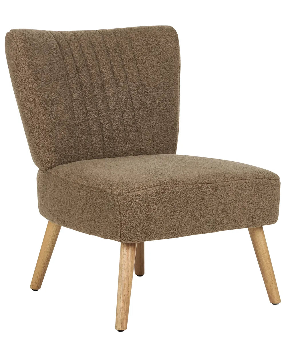 Brown upholstered chair with wooden legs on a white background