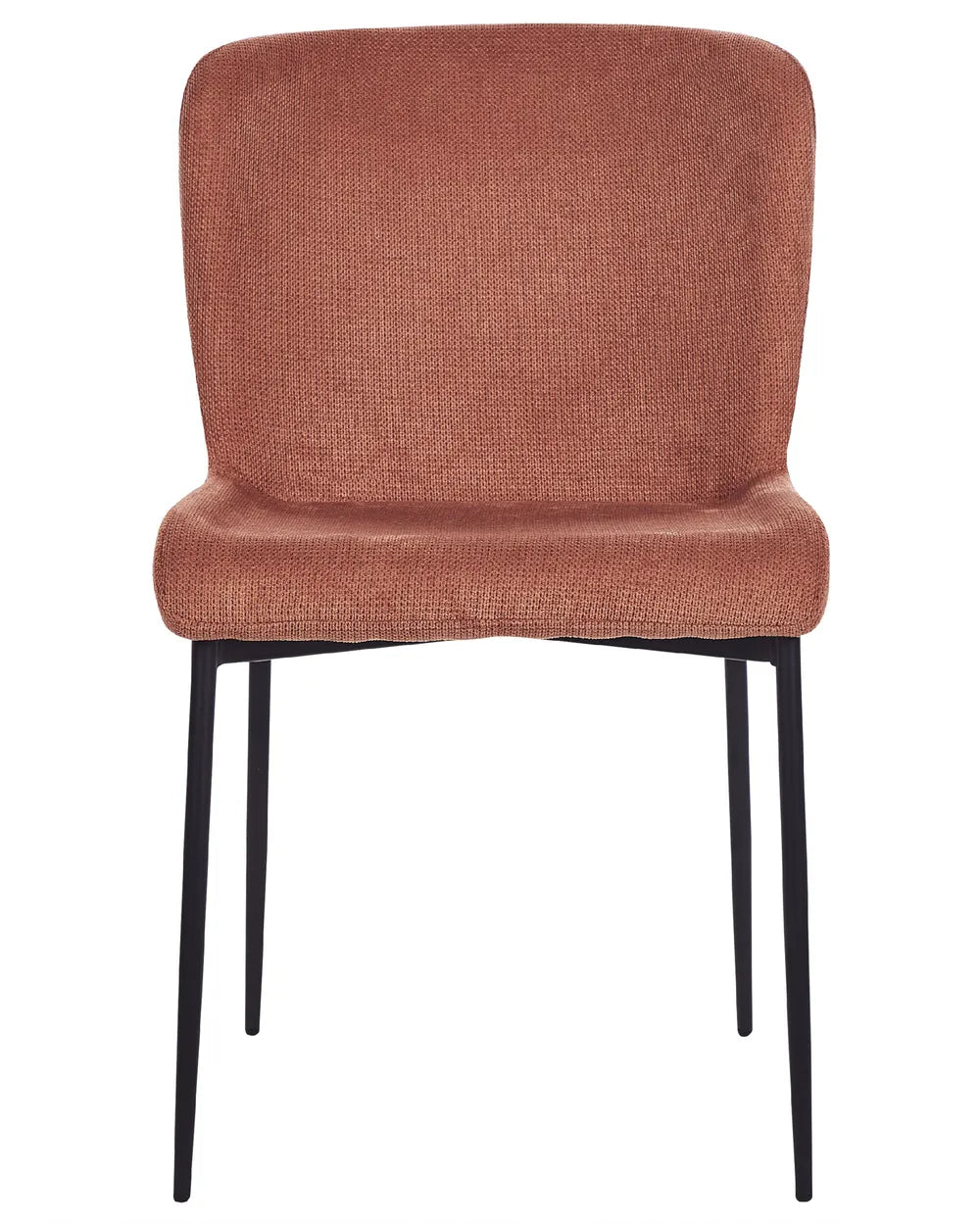 An upholstered dining chair with a textured terracotta fabric seat and backrest, supported by slim black metal legs, shown against a plain white background.