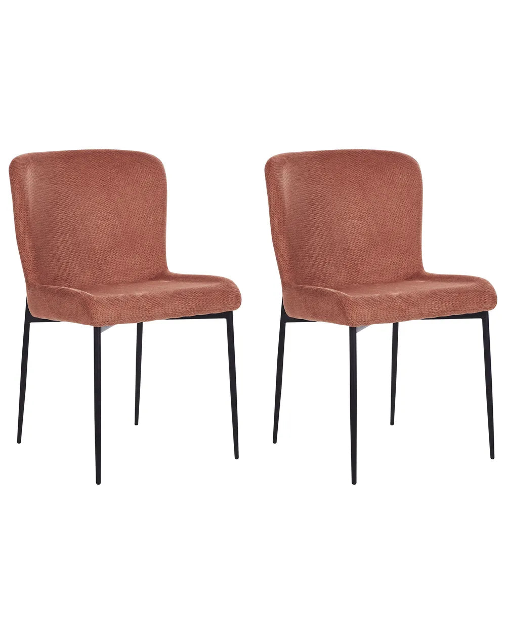 Two matching upholstered dining chairs with rounded rectangular backs and slim black metal legs, shown side by side on a plain white background.