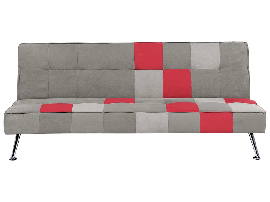 A modern tufted futon sofa with a patchwork design in gray, light gray, and red, supported by slim metal legs, shown against a plain white background.