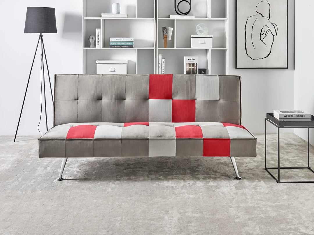 Modern sofa with patchwork design in a living room setting