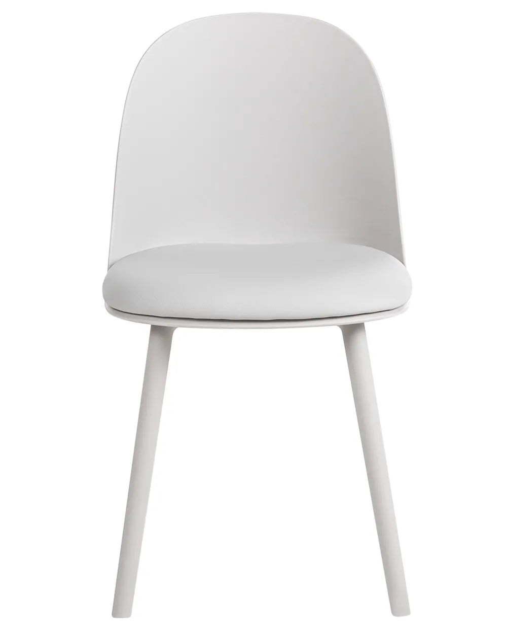 A modern white dining chair with a curved backrest, cushioned seat, and tapered legs, shown against a plain white background.
