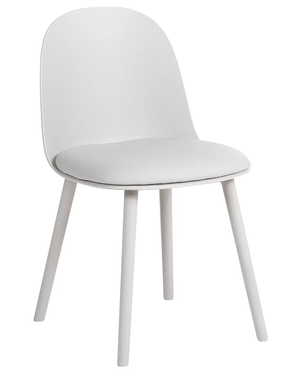 A modern white dining chair with a curved backrest, a padded seat cushion, and four tapered legs, shown against a plain white background.