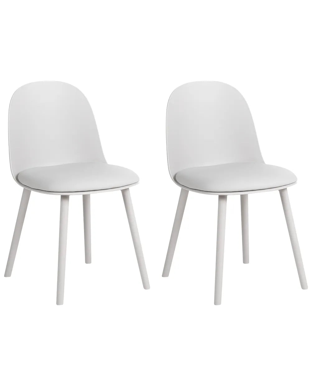 Two modern white dining chairs with curved backs and tapered legs, shown side by side on a plain white background.