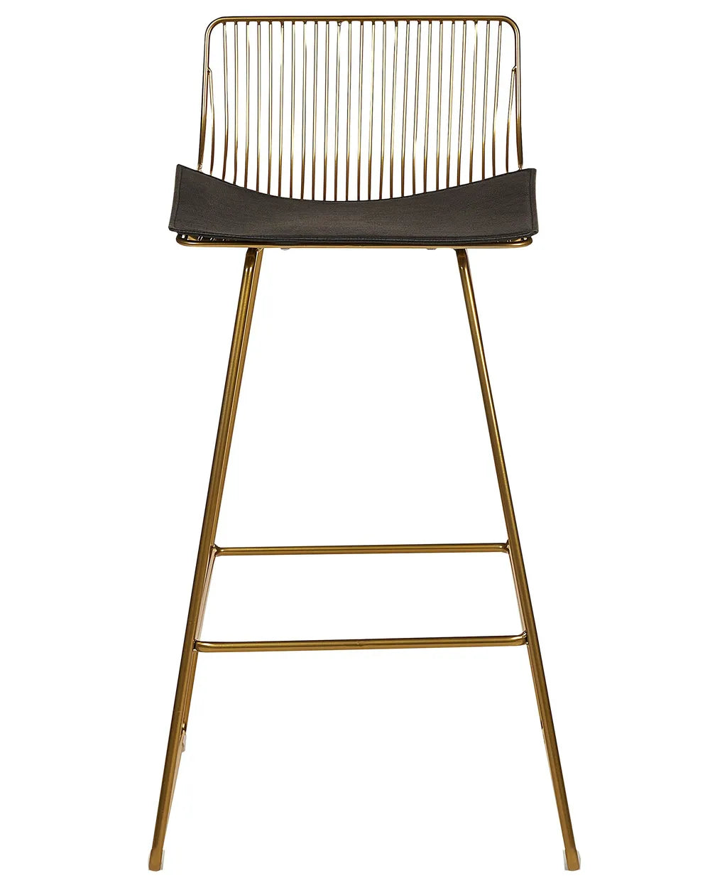 A modern bar stool with a gold metal frame, a thin vertical wire backrest, and a dark brown leather seat cushion, shown against a plain white background.