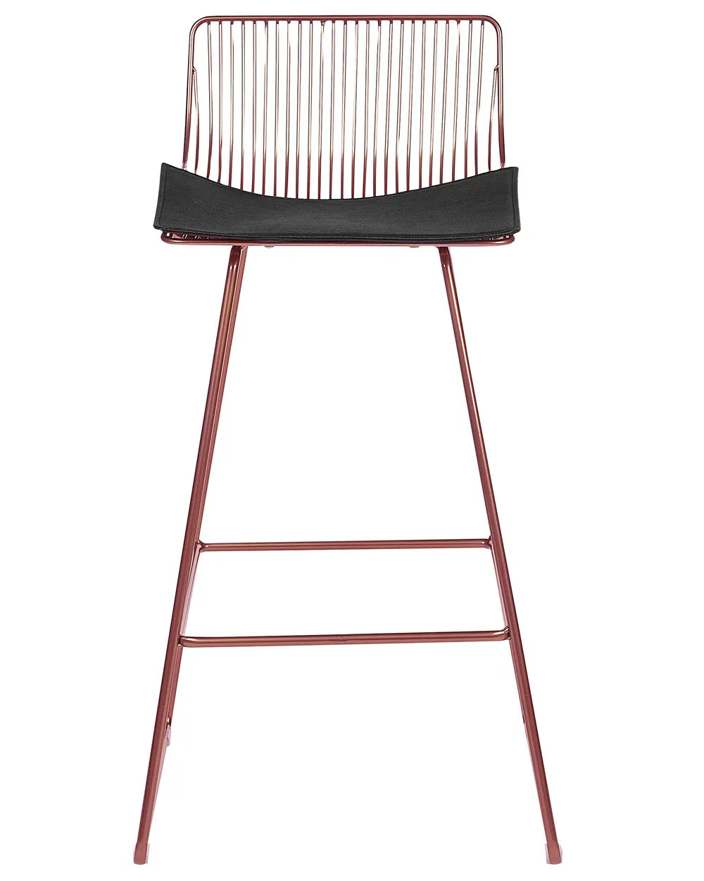 A modern wire bar stool with a copper-toned metal frame and a black seat cushion, shown against a plain white background.