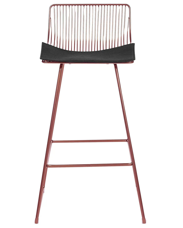 A modern wire bar stool with a copper-toned metal frame and a black seat cushion, shown against a plain white background.