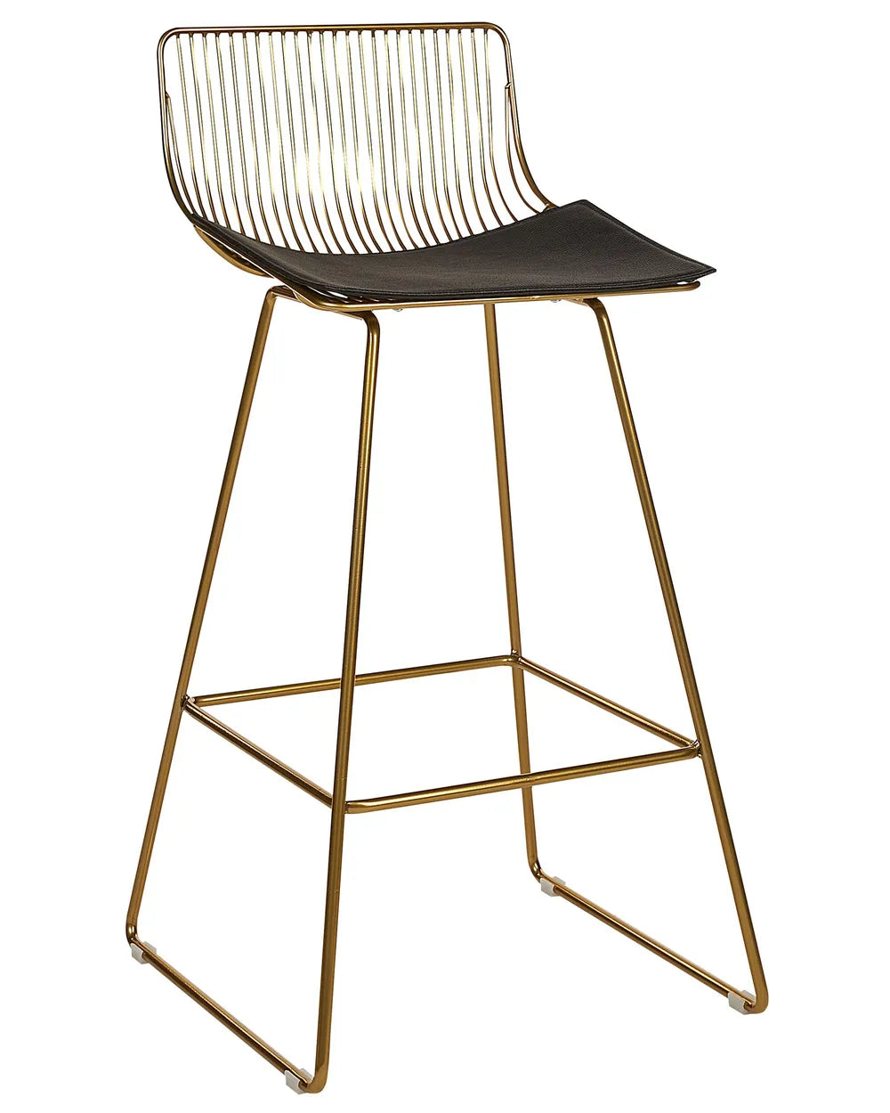 A modern bar stool with a gold-finished metal wire frame and a dark brown leather seat, shown against a plain white background.