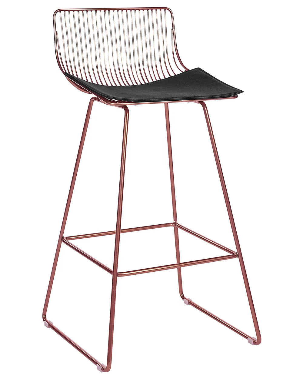 Bar stool with pink metal frame and black seat on a white background