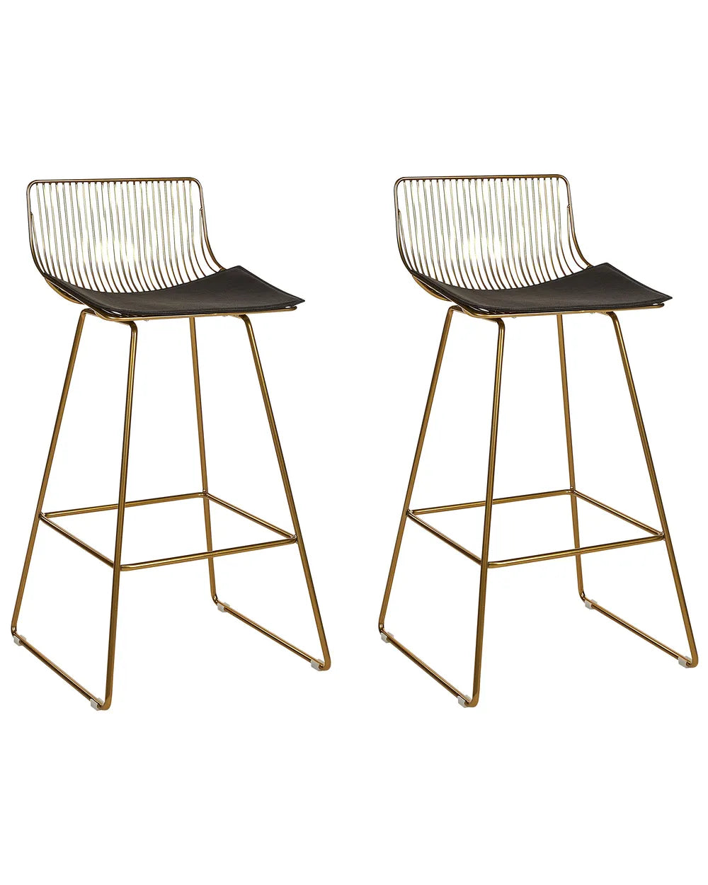 Two bar stools with gold metal frames and black seats on a white background