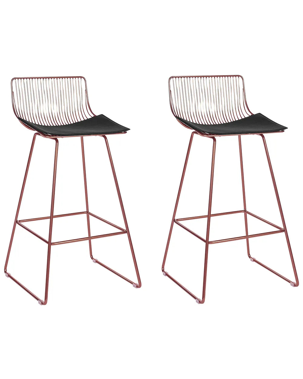 Two modern wire bar stools with black seat cushions and rose gold metal frames, shown side by side on a white background.