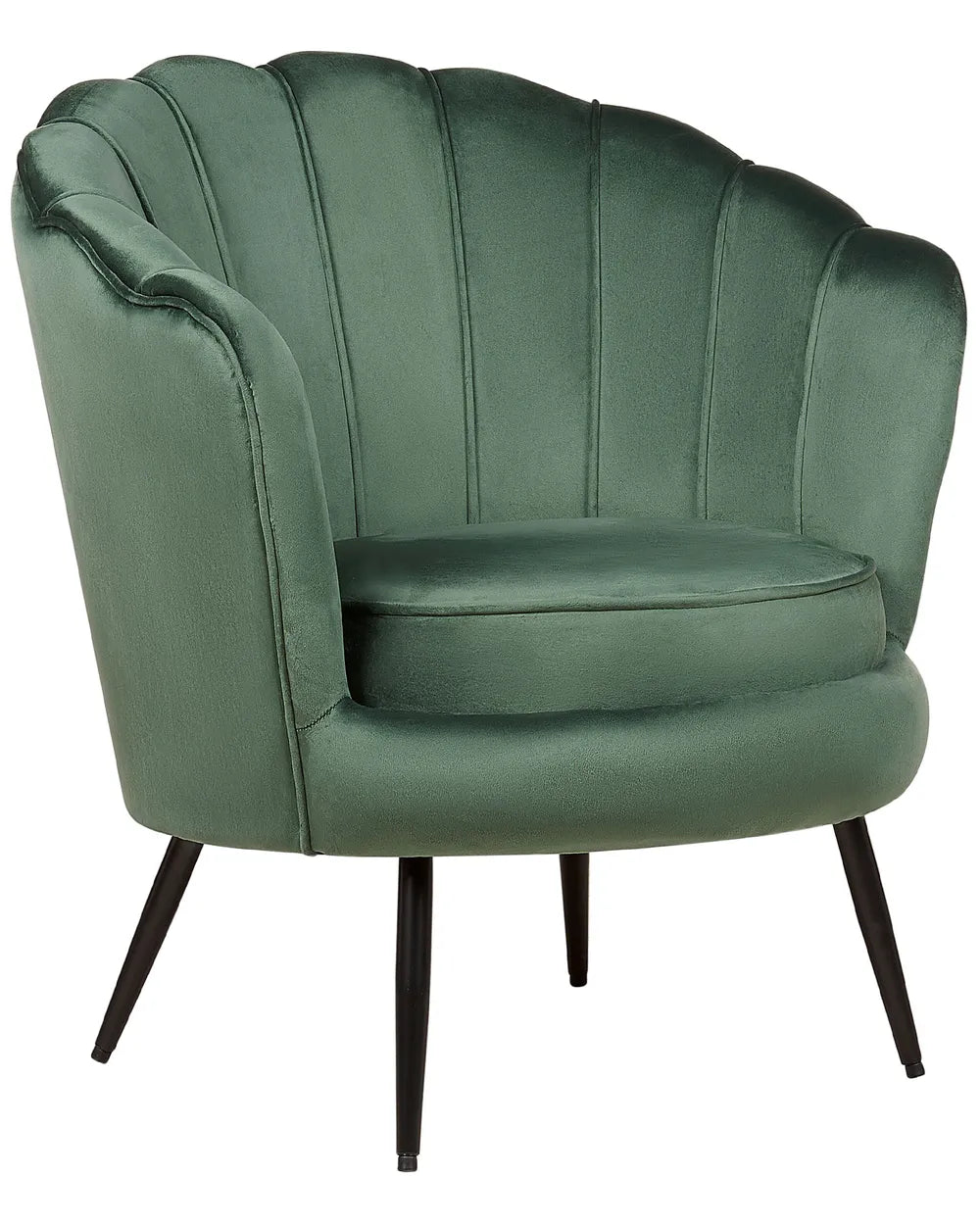 A green velvet accent chair with a scalloped shell backrest, vertical channel tufting, and black metal legs, shown against a plain white background.