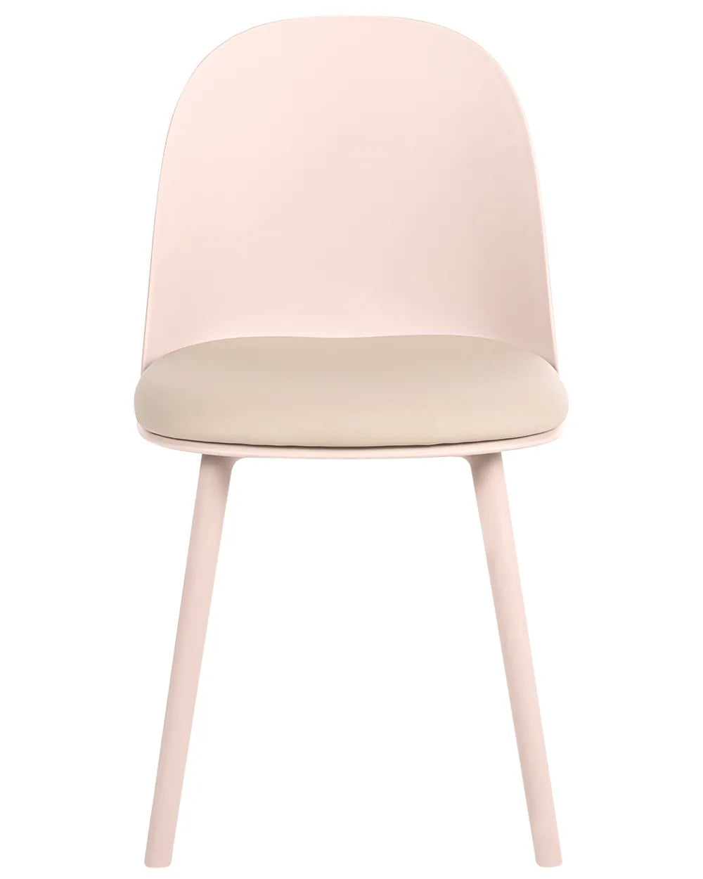 A modern dining chair with a curved, molded blush pink plastic backrest and legs, paired with a light beige upholstered seat cushion, shown against a plain white background.