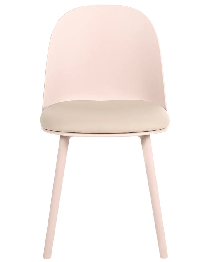 A modern dining chair with a curved, molded blush pink plastic backrest and legs, paired with a light beige upholstered seat cushion, shown against a plain white background.