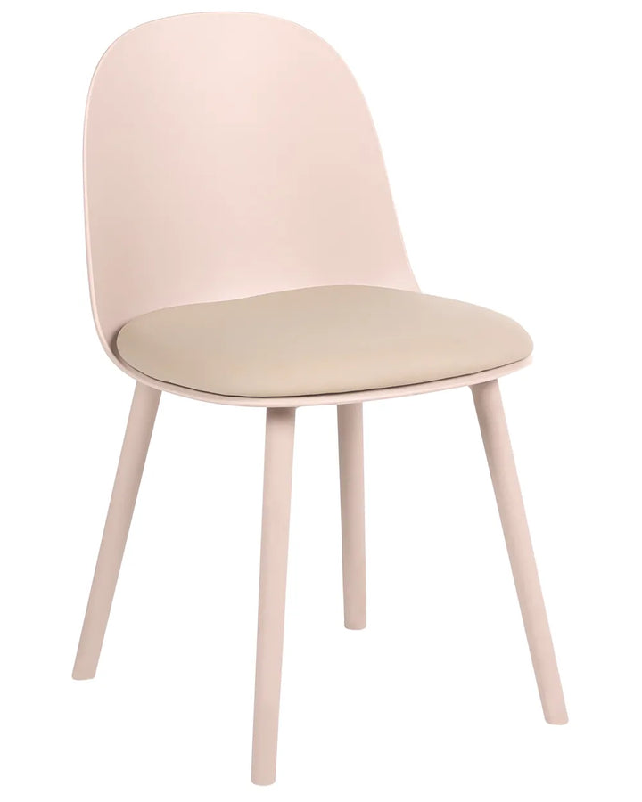 A modern dining chair with a curved backrest, upholstered in a pale blush pink material, and a light beige cushioned seat on tapered legs, shown against a plain white background.
