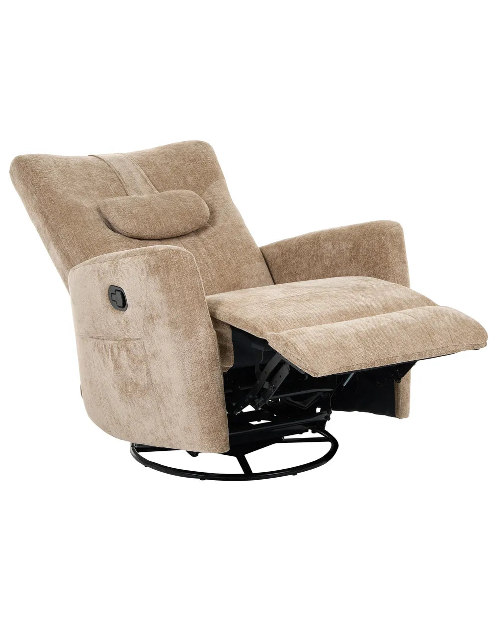 A beige upholstered recliner chair with a matching footrest and a black swivel base, shown on a plain white background.