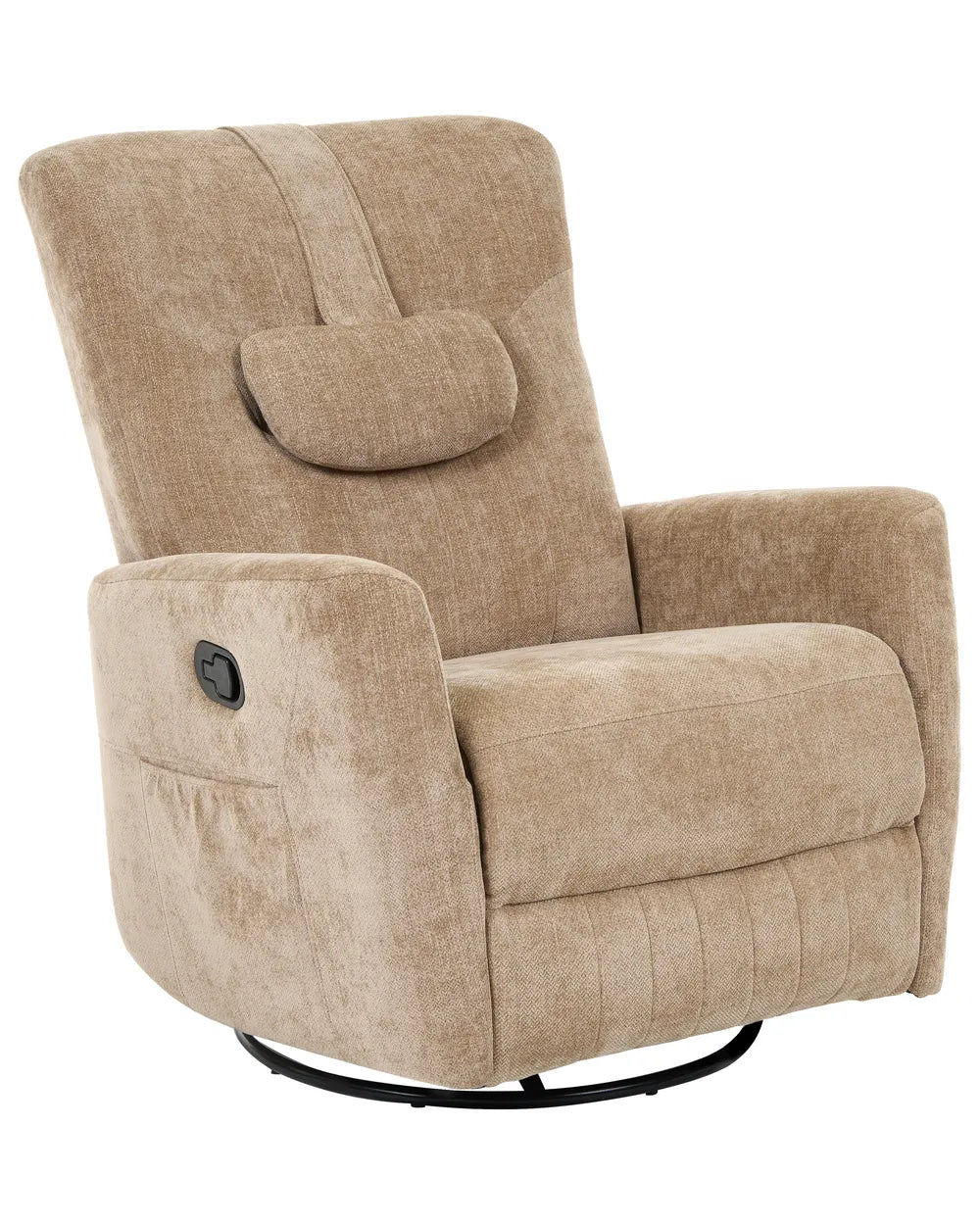 Beige textured fabric swivel recliner chair with a built-in headrest and a black circular base, shown on a plain white background.