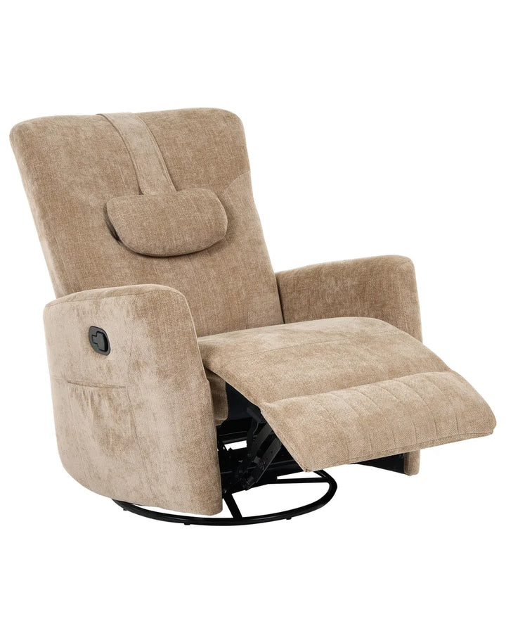 Beige fabric recliner chair with extended footrest and a swivel base, shown on a plain white background.