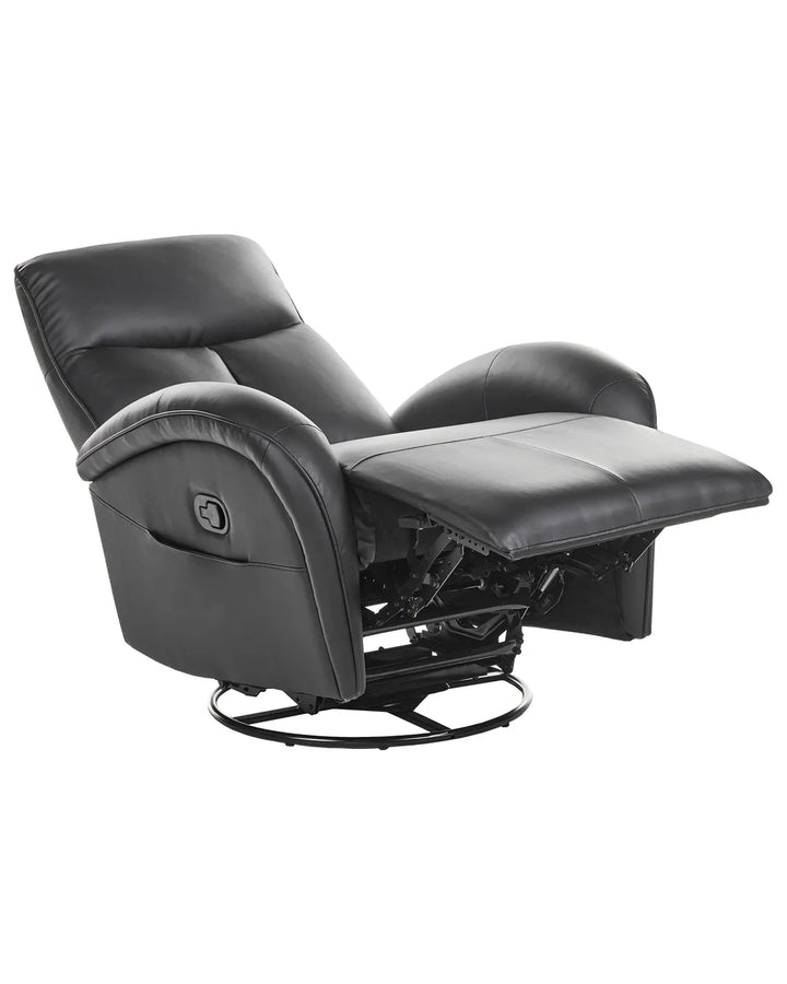 Black leather recliner swivel chair with extended footrest and visible mechanical support, photographed on a plain white background.