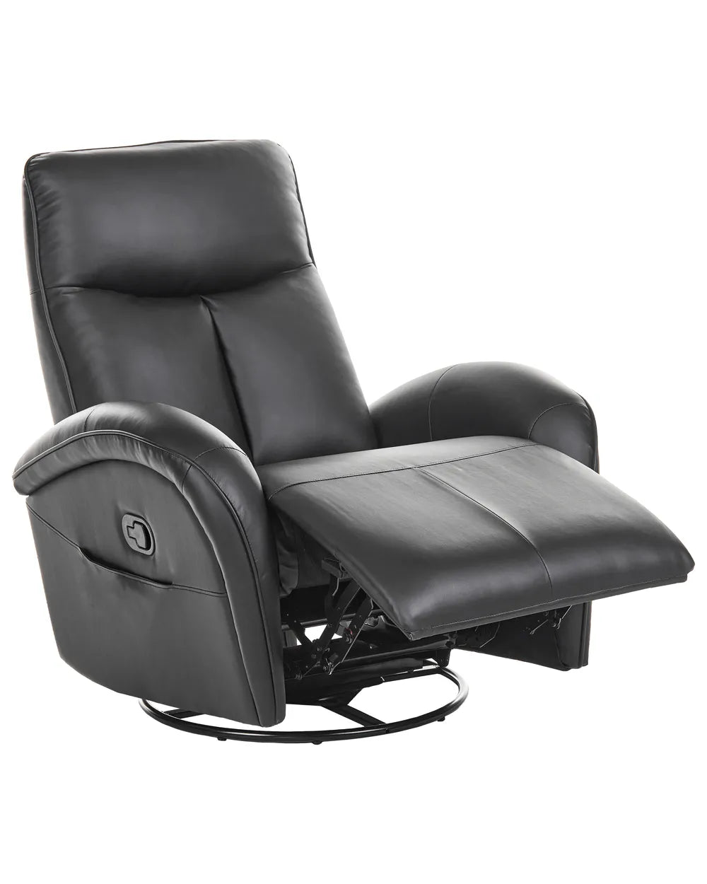 Black leather recliner chair with extended footrest and swivel base, shown on a plain white background.