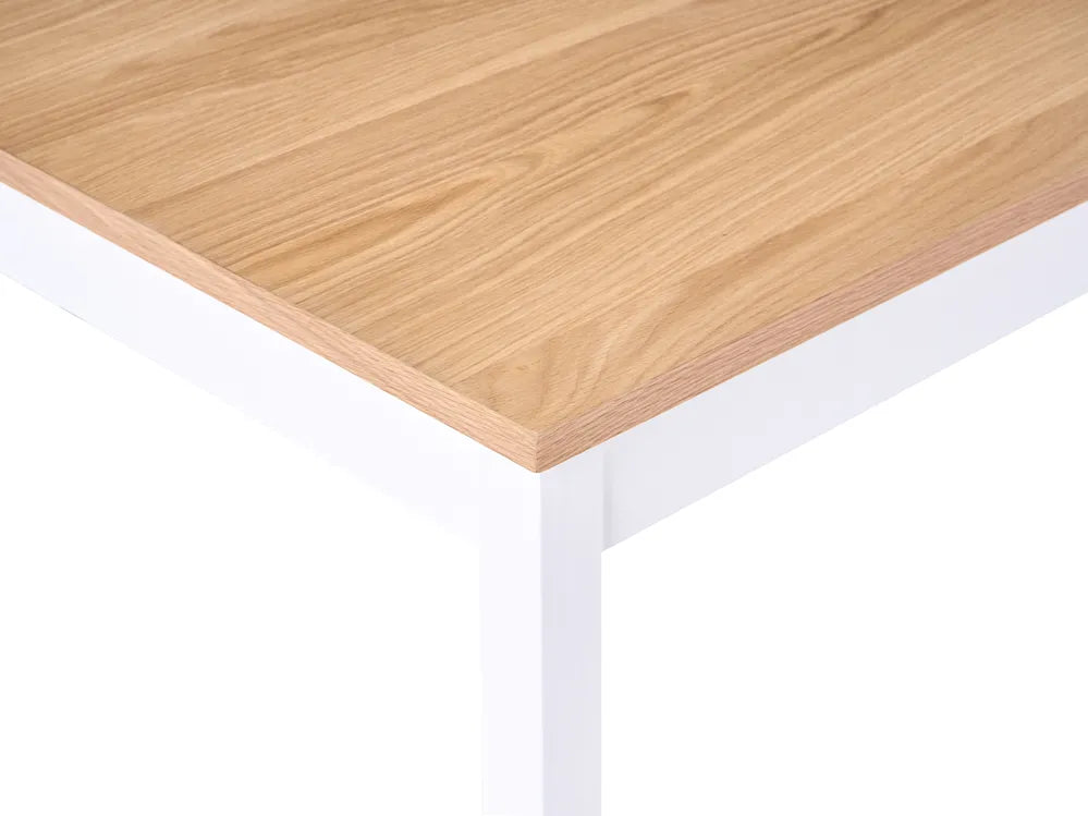 Wooden table top on a white metal frame