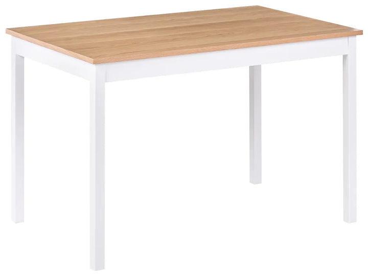 A rectangular dining table with a light natural wood grain top and a white frame with four legs, shown against a plain white background.