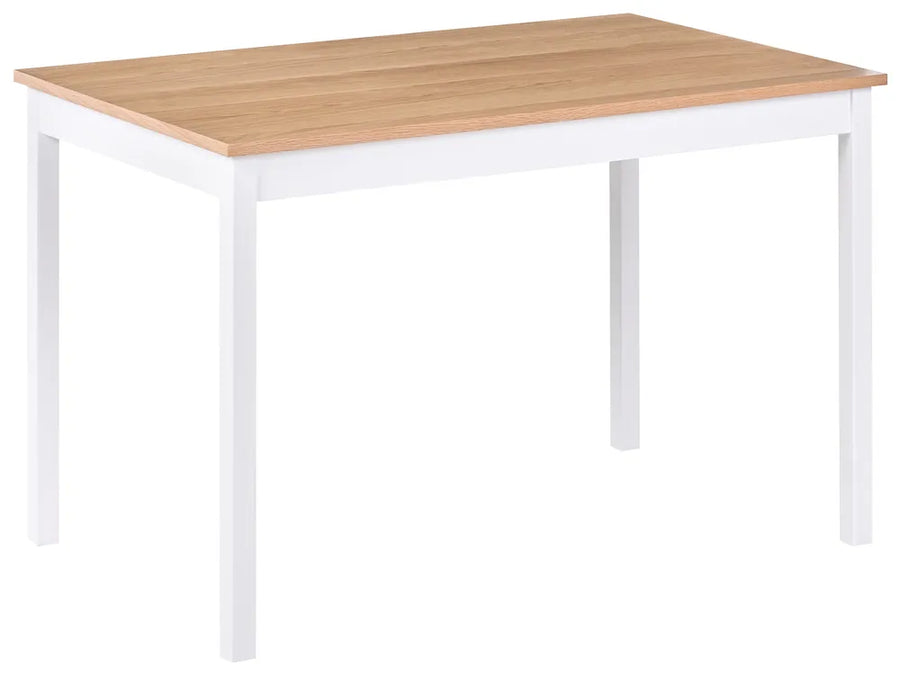 A rectangular dining table with a light natural wood grain top and a white frame with four legs, shown against a plain white background.
