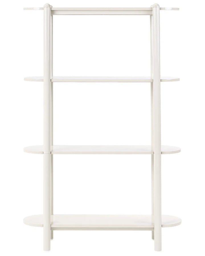 A white four-tier wooden bookcase with a minimalist design, shown against a plain white background.