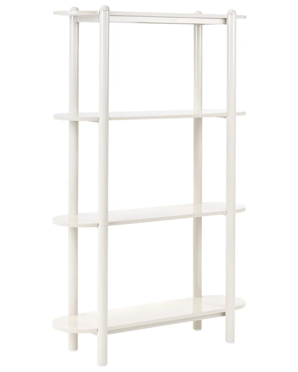 A white four-tier wooden bookshelf with a top hanging rod, shown against a plain white background.