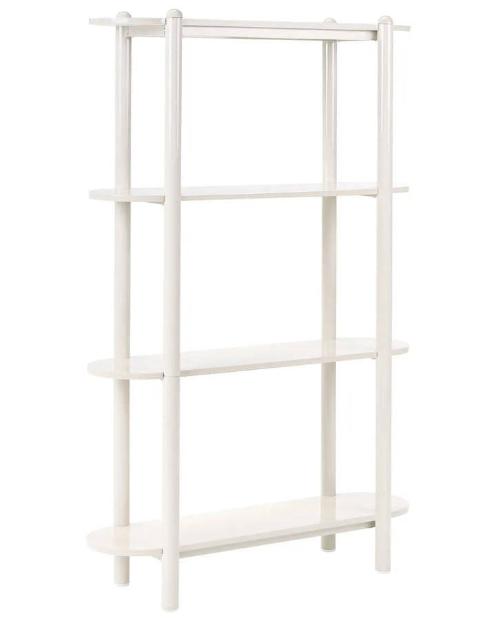 A white four-tier wooden bookshelf with a top hanging rod, shown against a plain white background.