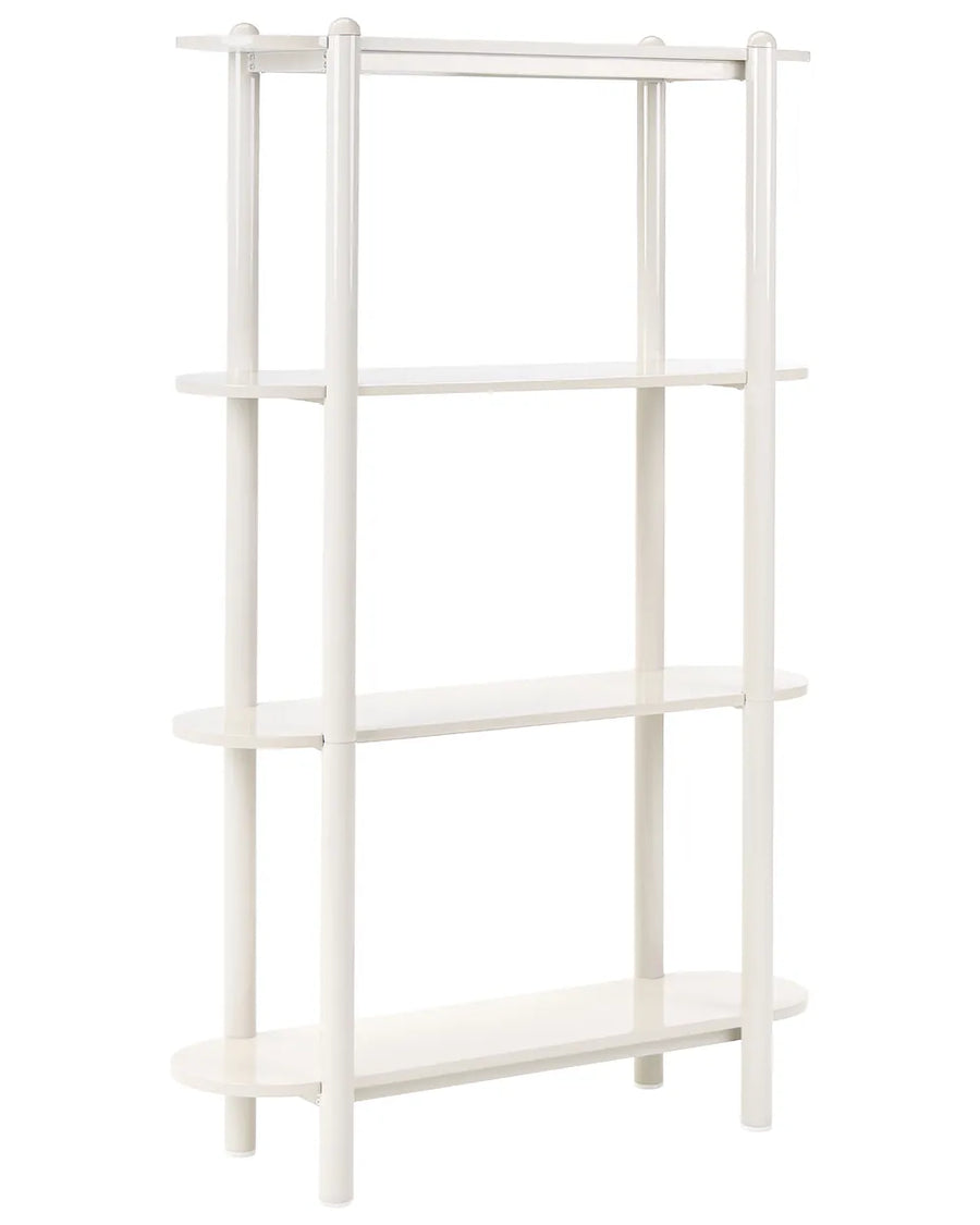 A white four-tier wooden bookshelf with a top hanging rod, shown against a plain white background.