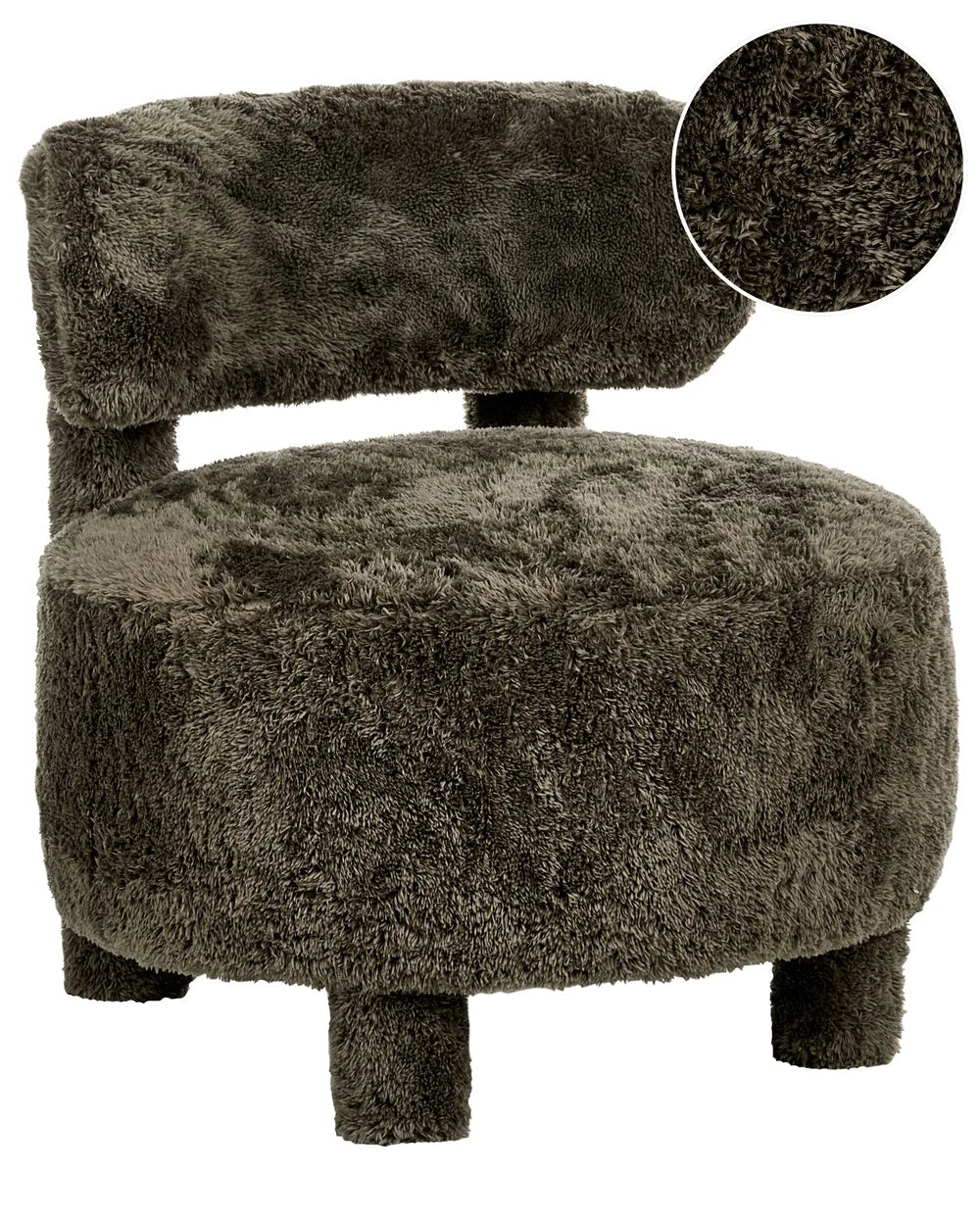 Fluffy brown chair with close-up of texture on a white background