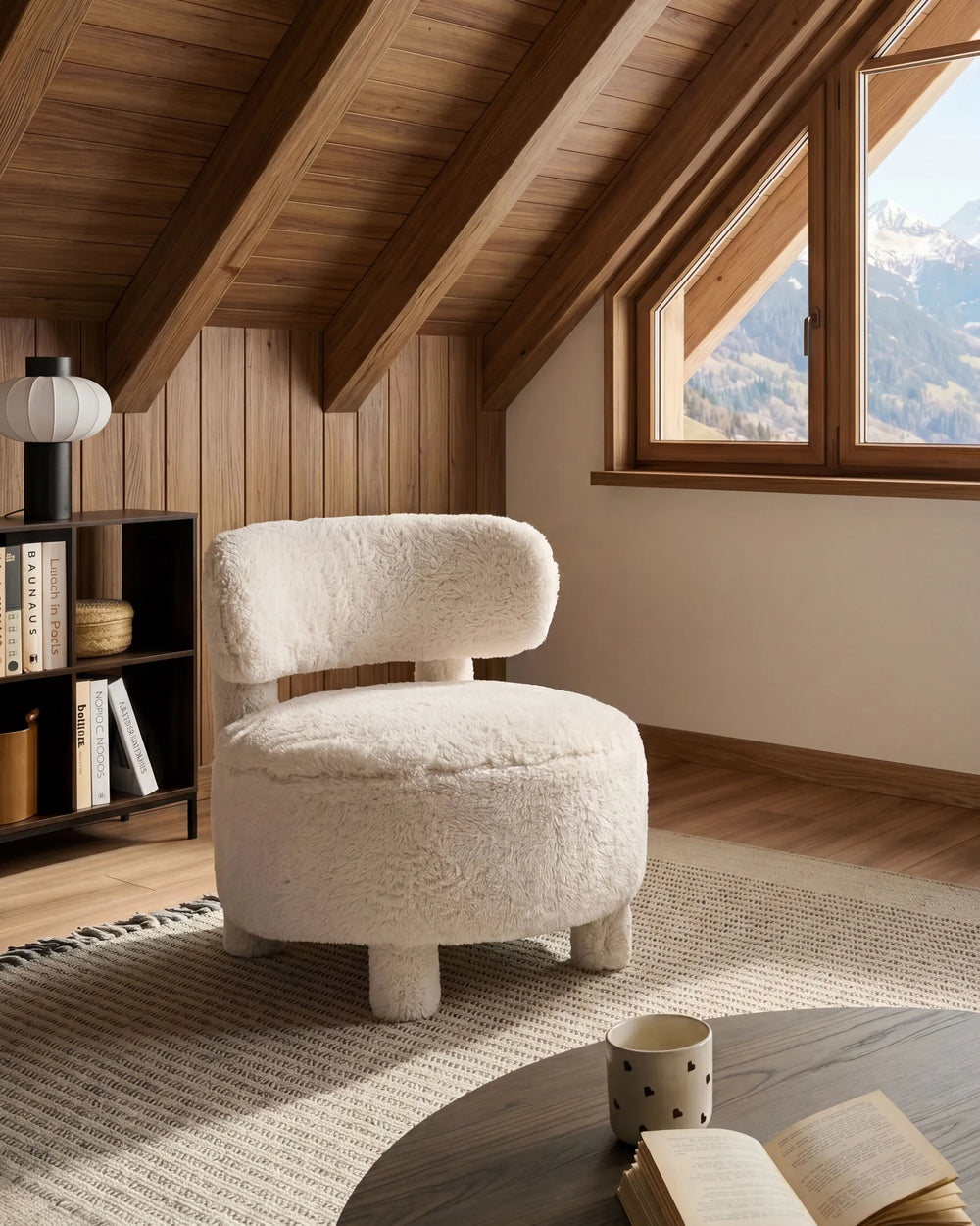 A round, low-profile armchair upholstered in a fluffy cream bouclé fabric, positioned in a cozy attic room with wooden walls, a window looking out to mountains, and a wooden table in the foreground.