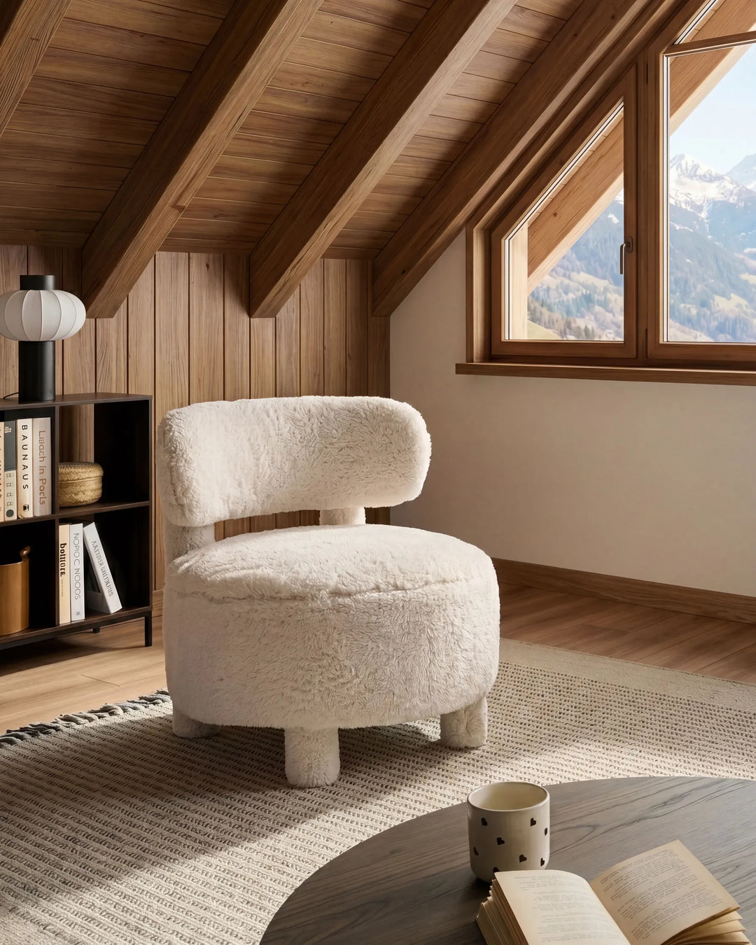 A round, low-profile armchair upholstered in a fluffy cream bouclé fabric, positioned in a cozy attic room with wooden walls, a window looking out to mountains, and a wooden table in the foreground.