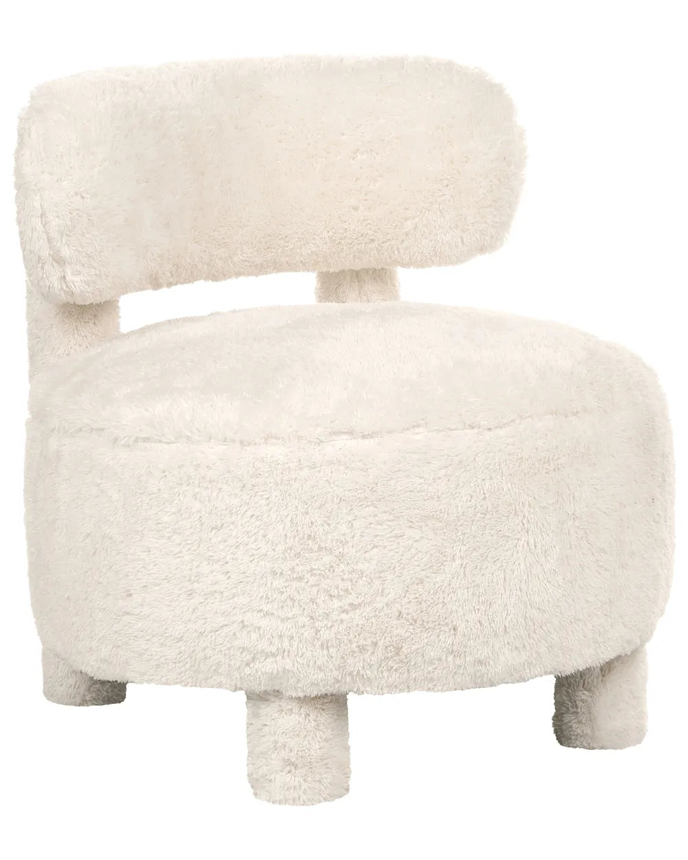 A round, low-profile accent chair upholstered in fluffy cream-colored sheepskin or faux fur, featuring a wide seat, a matching curved backrest, and short cylindrical legs, shown against a plain white background.