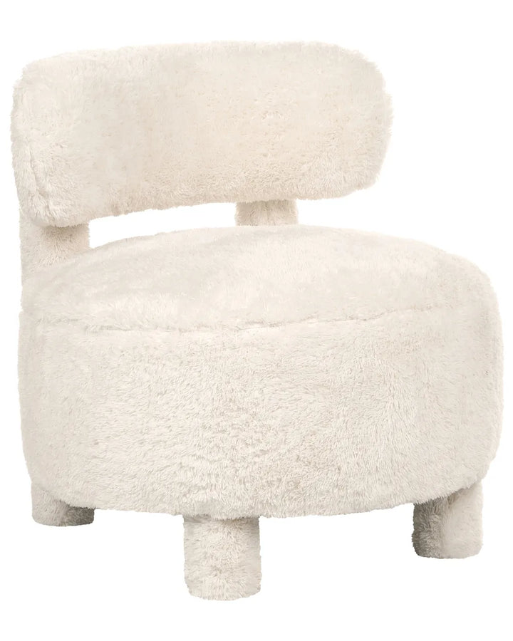 A round, low-profile accent chair upholstered in fluffy cream-colored sheepskin or faux fur, featuring a wide seat, a matching curved backrest, and short cylindrical legs, shown against a plain white background.