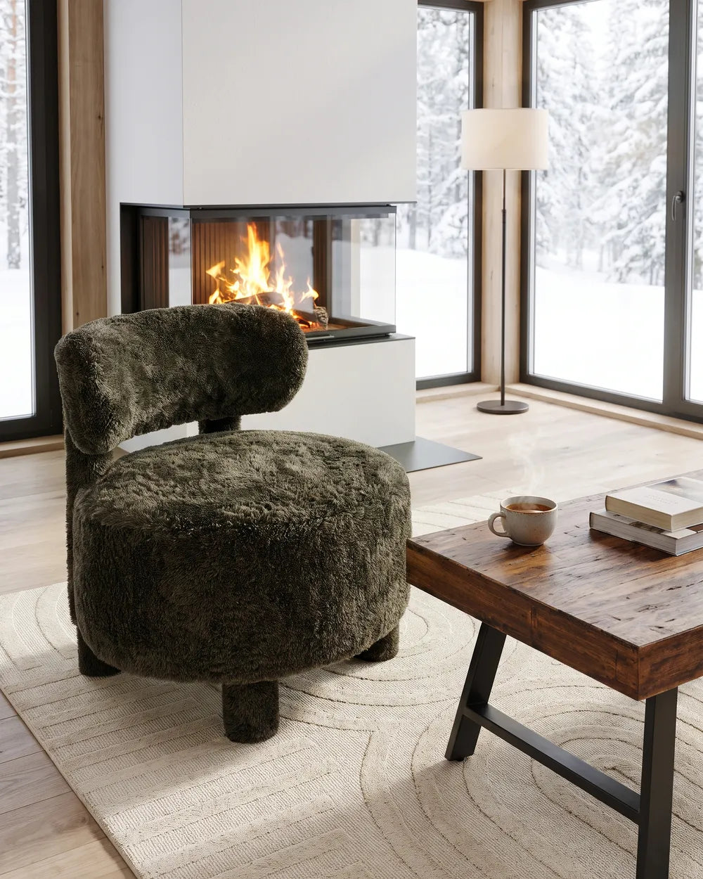 A round, low-profile armchair upholstered in dark olive green shaggy faux fur, positioned in a modern living room setting with a fireplace, large windows showing a snowy outdoor view, a wooden coffee table, and a beige rug.