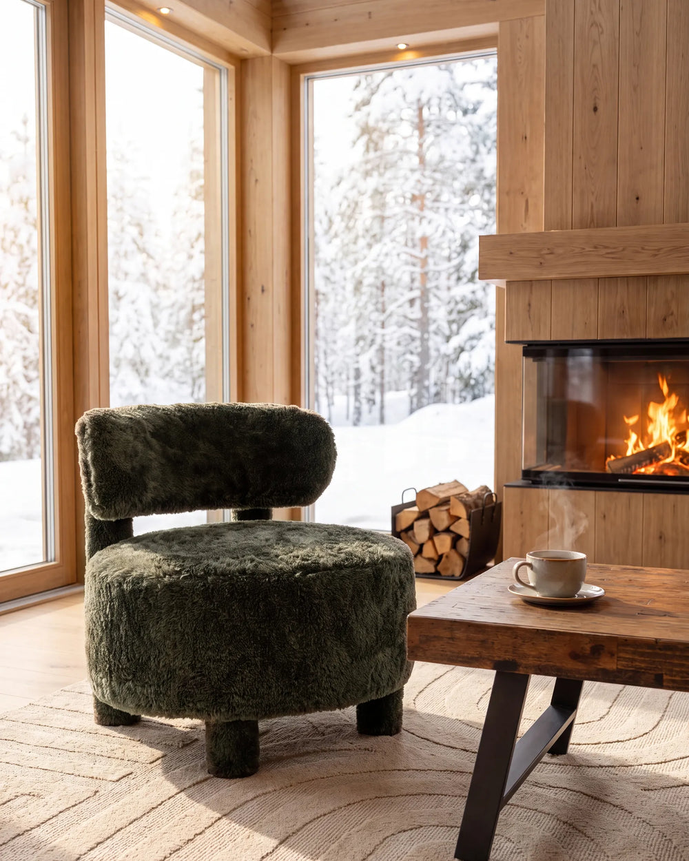 A round, plush dark green armchair with a textured bouclé-like fabric sits in a cozy wood-paneled room with large windows showing a snowy forest outside. A wooden coffee table with a cup is in the foreground, and a fireplace with a visible flame is on the right.