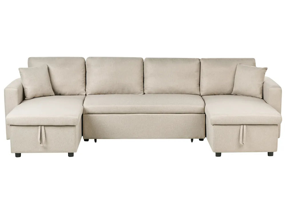 A light beige upholstered sectional sofa with two chaise lounge sections on the left and right, shown against a plain white background.