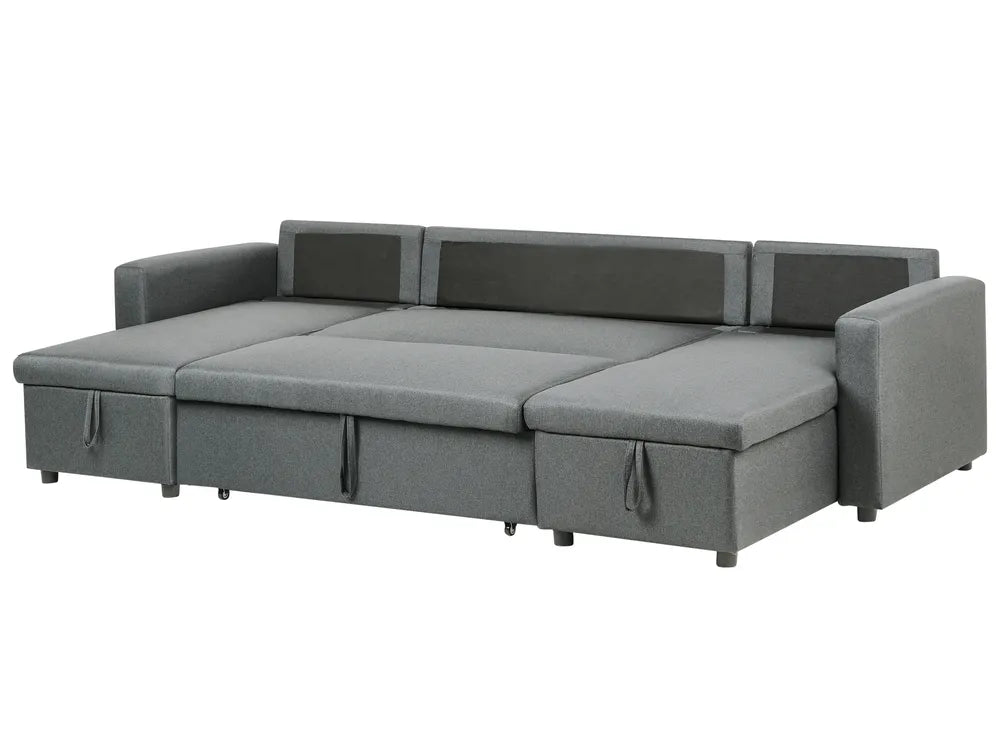 A modern gray fabric sectional sofa with a chaise lounge on the left side and built-in storage drawers underneath, shown against a plain white background.
