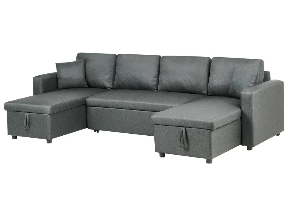 A modern gray fabric sectional sofa with two storage ottomans, shown from a three-quarter angle against a plain white background.