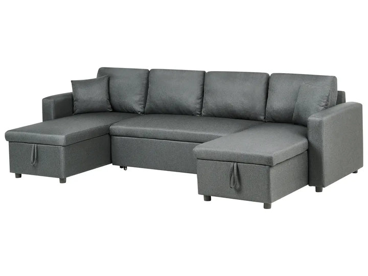 A modern gray fabric sectional sofa with two storage ottomans, shown from a three-quarter angle against a plain white background.