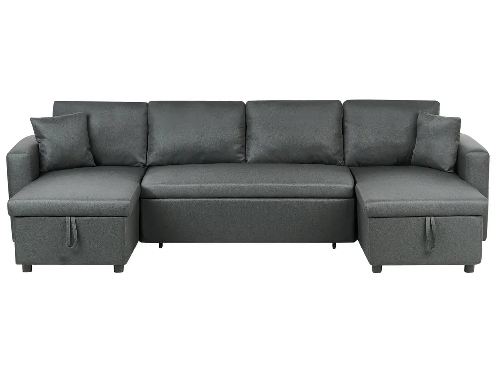 A dark gray upholstered sectional sofa with two chaise lounge sections on the left and right, shown against a plain white background.