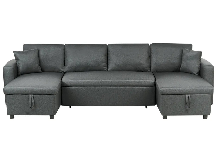 A dark gray upholstered sectional sofa with two chaise lounge sections on the left and right, shown against a plain white background.