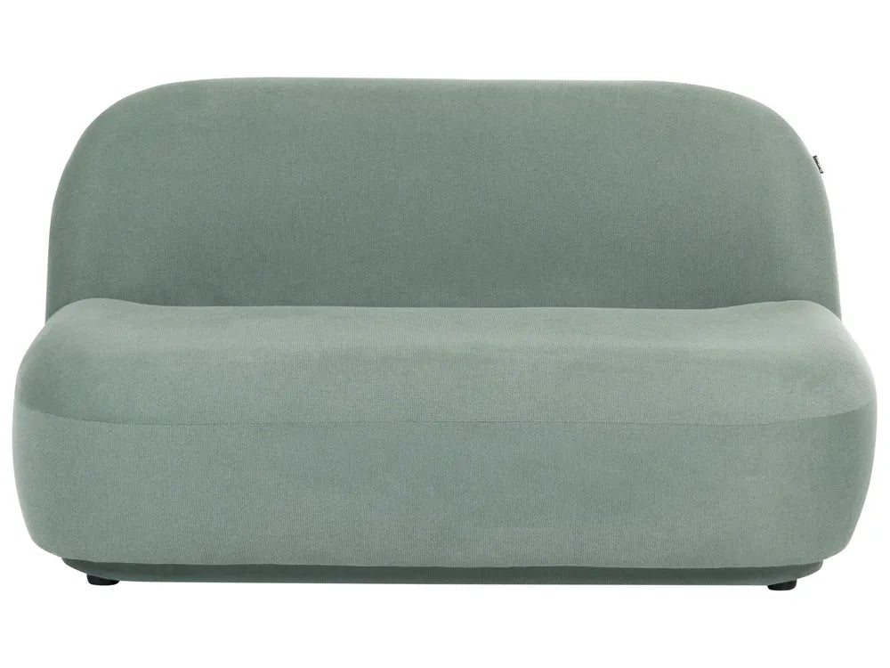 A modern, rounded two-seater sofa upholstered in a textured sage green fabric, shown from a front-facing perspective against a plain white background.