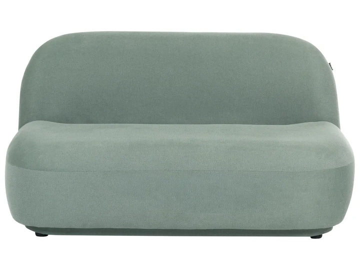 A modern, rounded two-seater sofa upholstered in a textured sage green fabric, shown from a front-facing perspective against a plain white background.