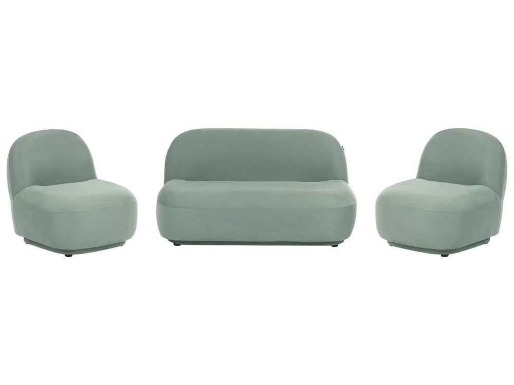 A three-piece upholstered seating set consisting of a central rounded loveseat and two matching armchairs in a muted sage green fabric, shown against a plain white background.