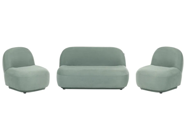 A three-piece upholstered seating set consisting of a central rounded loveseat and two matching armchairs in a muted sage green fabric, shown against a plain white background.