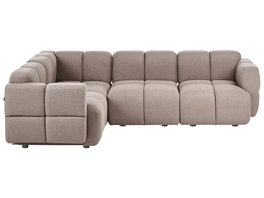 A modern modular sectional sofa with a left-facing chaise lounge, upholstered in a textured taupe fabric, shown from a three-quarters angle on a white background.