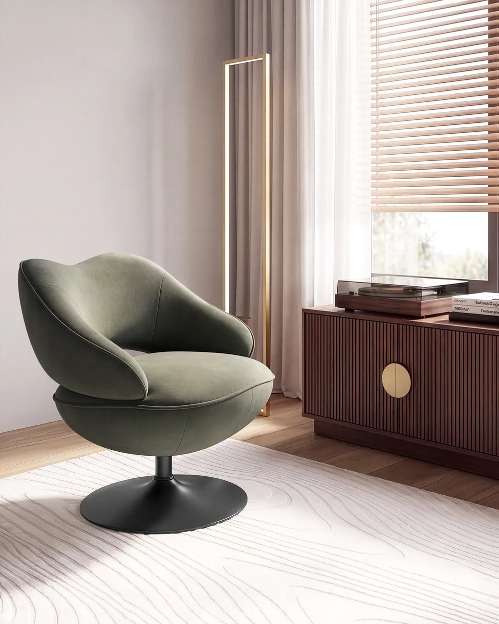 A modern swivel lounge chair upholstered in textured sage green fabric with a black circular pedestal base, set in a minimalist room next to a wooden cabinet and window.
